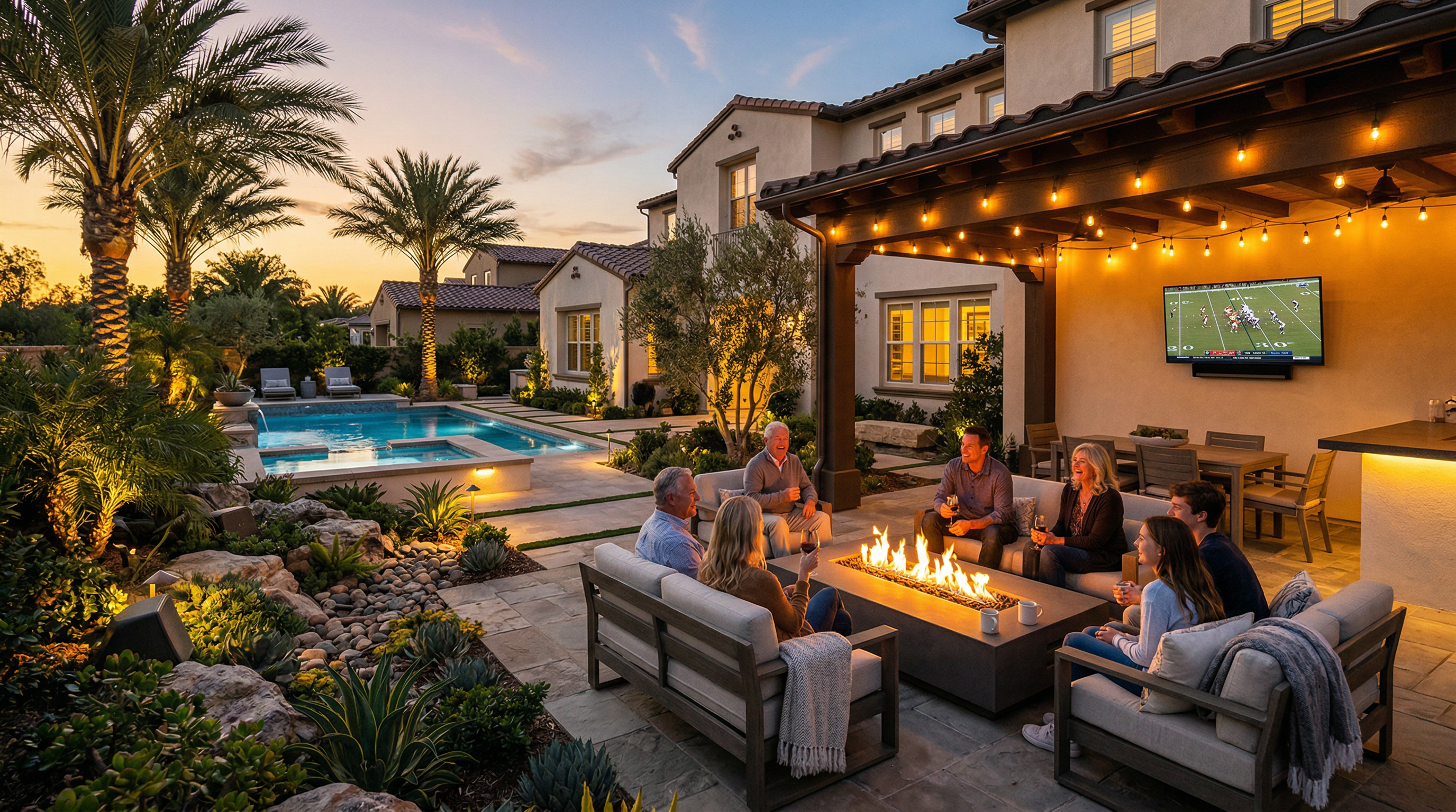 Outdoor entertainment area with weatherproof TV and landscape speakers in Agoura Hills