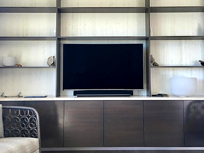 TV and Sonos soundbar installed in custom built-in cabinetry in Camarillo living room