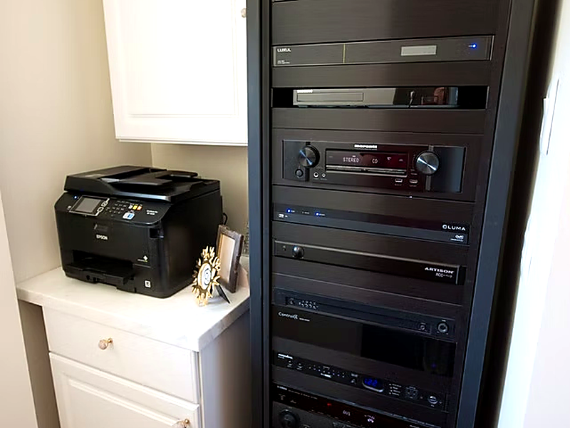 Professional AV equipment rack with Control4, Marantz, and Luma in Thousand Oaks