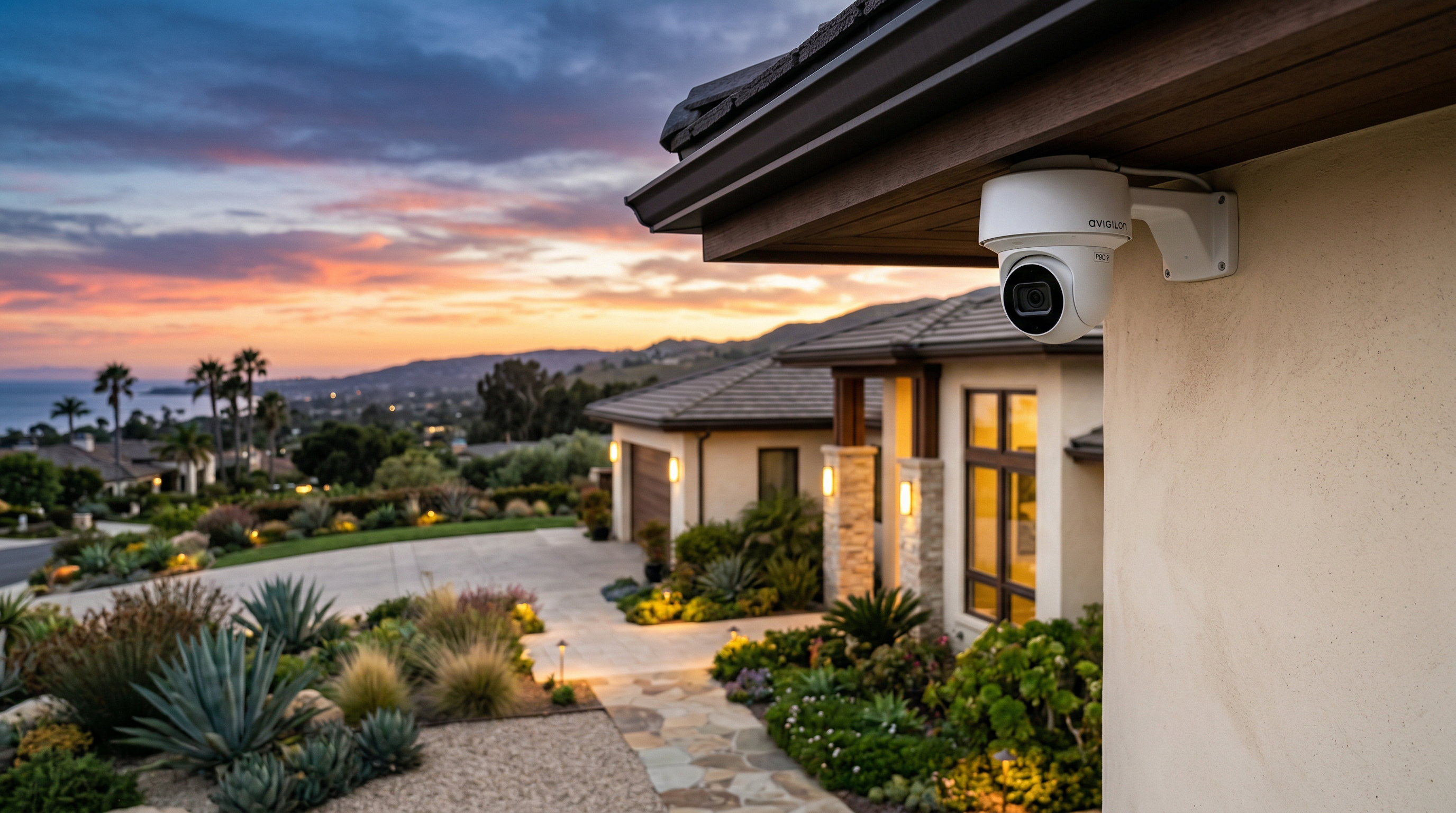 Exterior security camera on luxury home at sunset