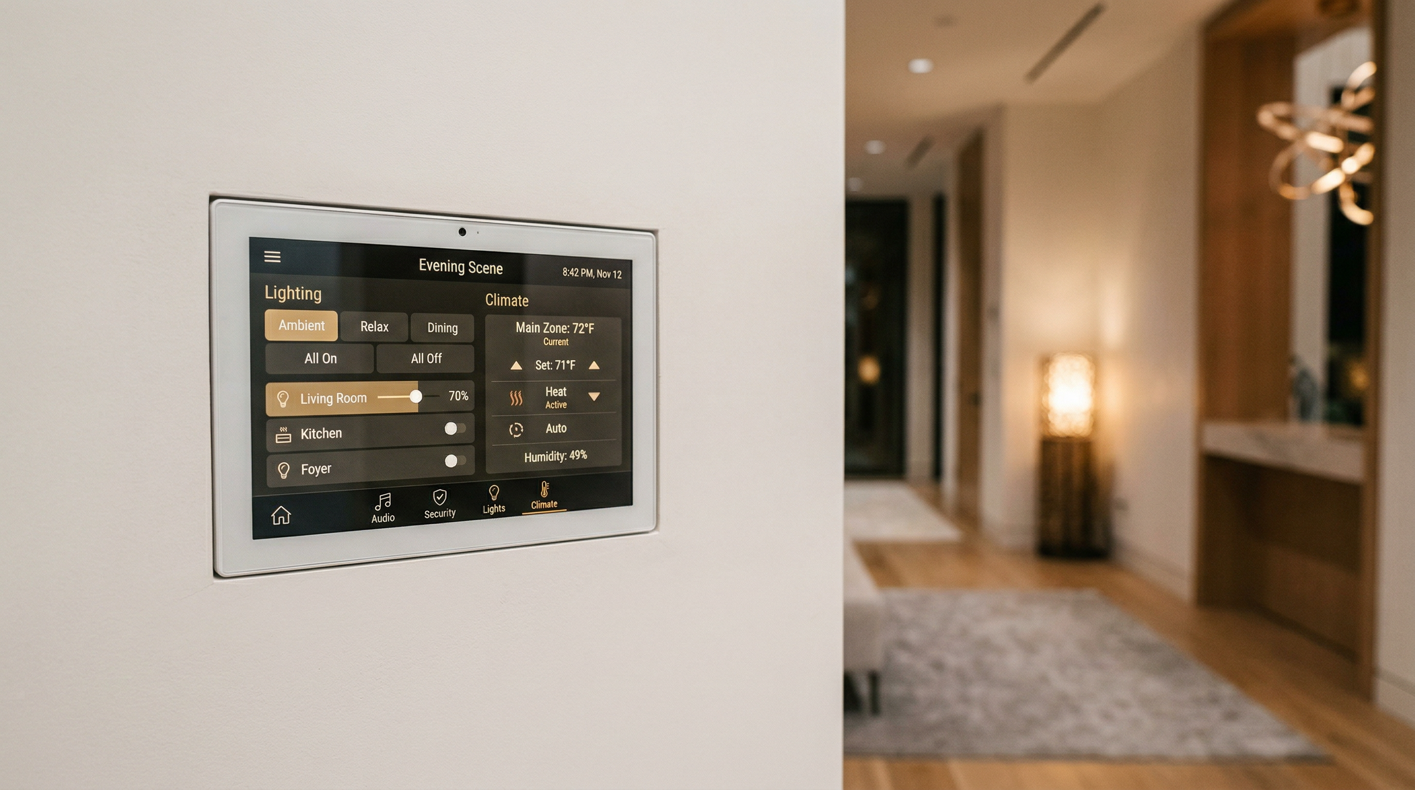 Control4-style touchscreen panel on wall for home automation