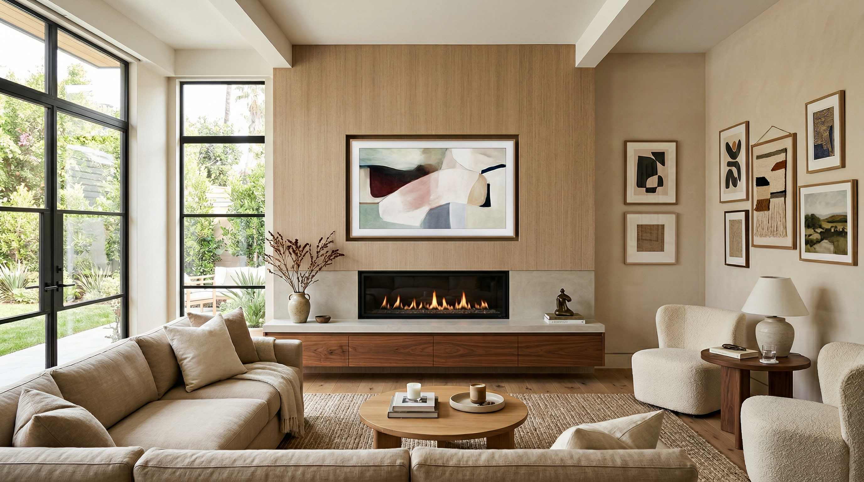 Elegantly mounted TV above fireplace in luxury living room
