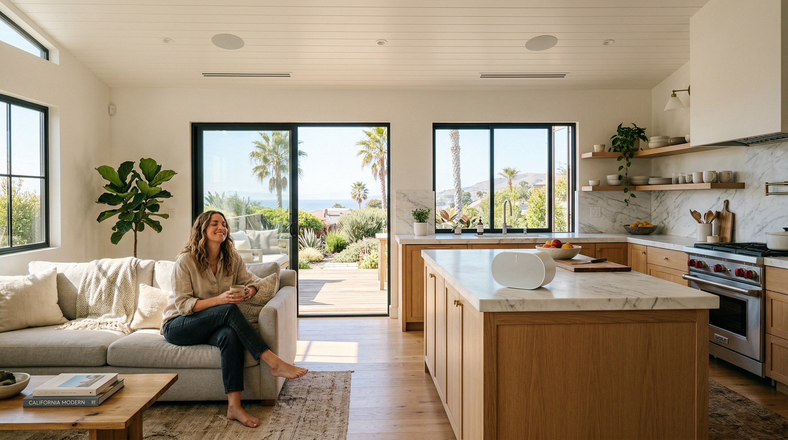 Woman relaxing in kitchen with elegant in-ceiling speakers